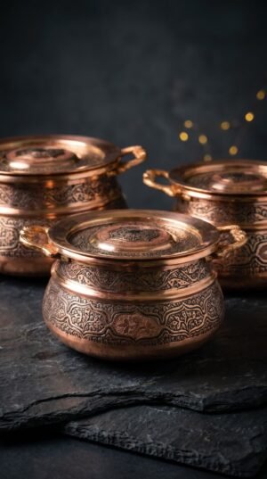 Kashmiri Kandkari Copper Handi Set of 3 with Lid — Hand-Engraved