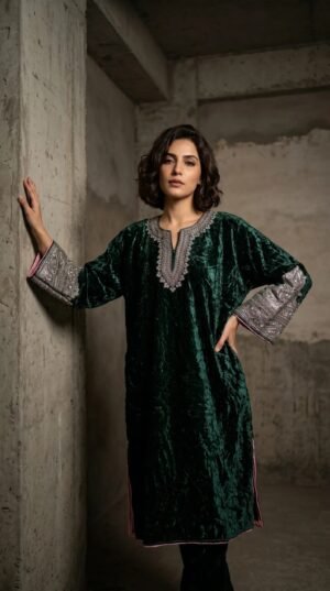 Kashmiri Bota Tilla Crushed Velvet Pheran