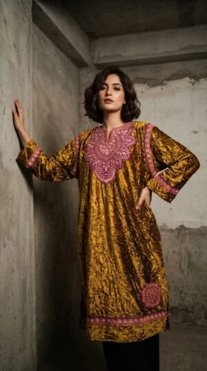 Kashmiri Bota Tilla Crushed Velvet Pheran