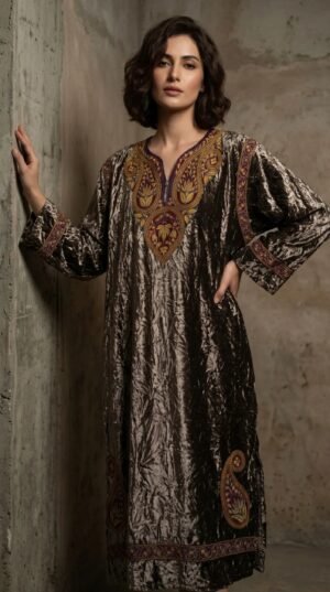 Kashmiri Bota Tilla Crushed Velvet Pheran