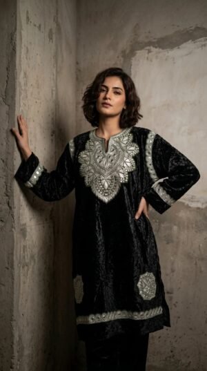 Kashmiri Bota Tilla Crushed Velvet Pheran