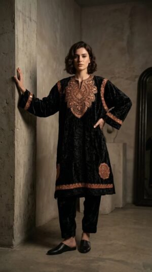 Kashmiri Bota Tilla Crushed Velvet Pheran