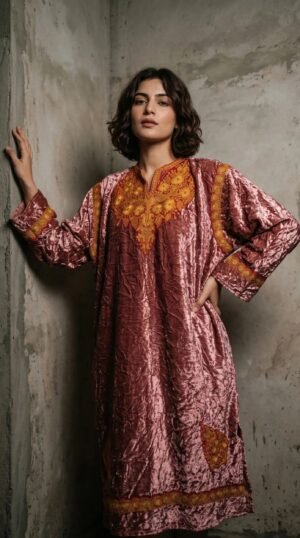 Kashmiri Bota Tilla Crushed Velvet Pheran