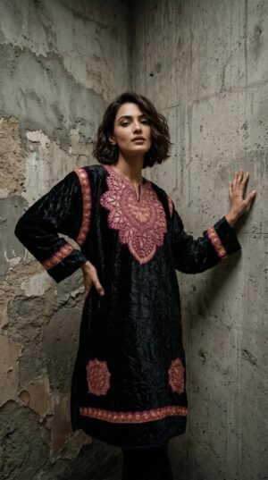Kashmiri Bota Tilla Crushed Velvet Pheran