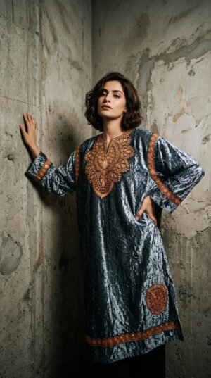Kashmiri Bota Tilla Crushed Velvet Pheran