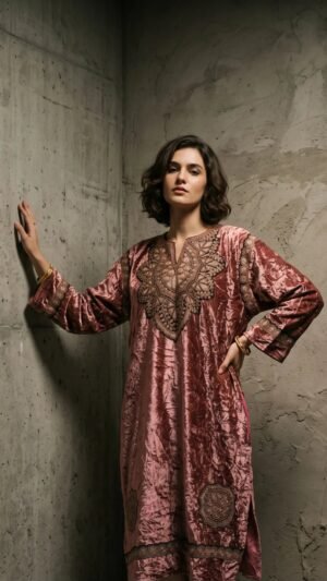 Kashmiri Bota Tilla Crushed Velvet Pheran