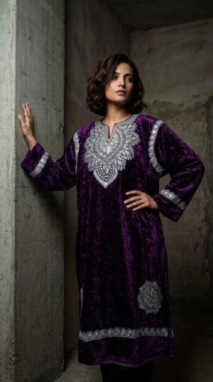 Kashmiri Bota Tilla Crushed Velvet Pheran