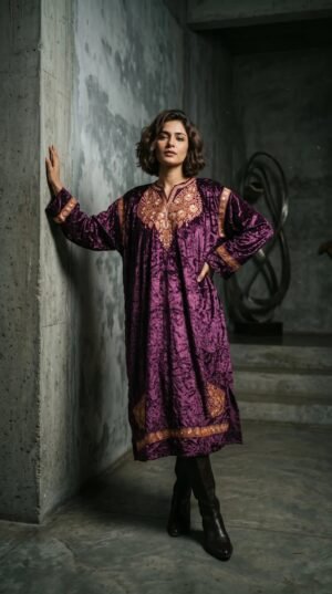 Kashmiri Bota Tilla Crushed Velvet Pheran